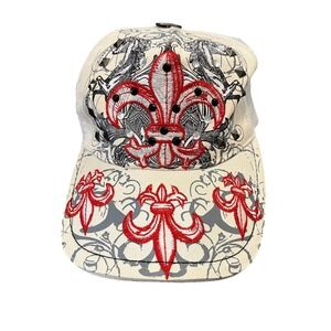 Tiger Fleur De Lis Trucker Hat Unisex OS White Red Rhinestone Studded Y2K Cap